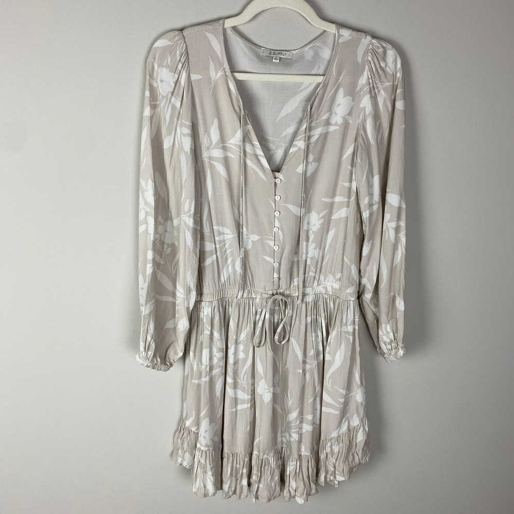 Z Supply Camila Mini Dress Tan Floral Print Long Sleeve Tiered Ruffle Size Small - Picture 2 of 7